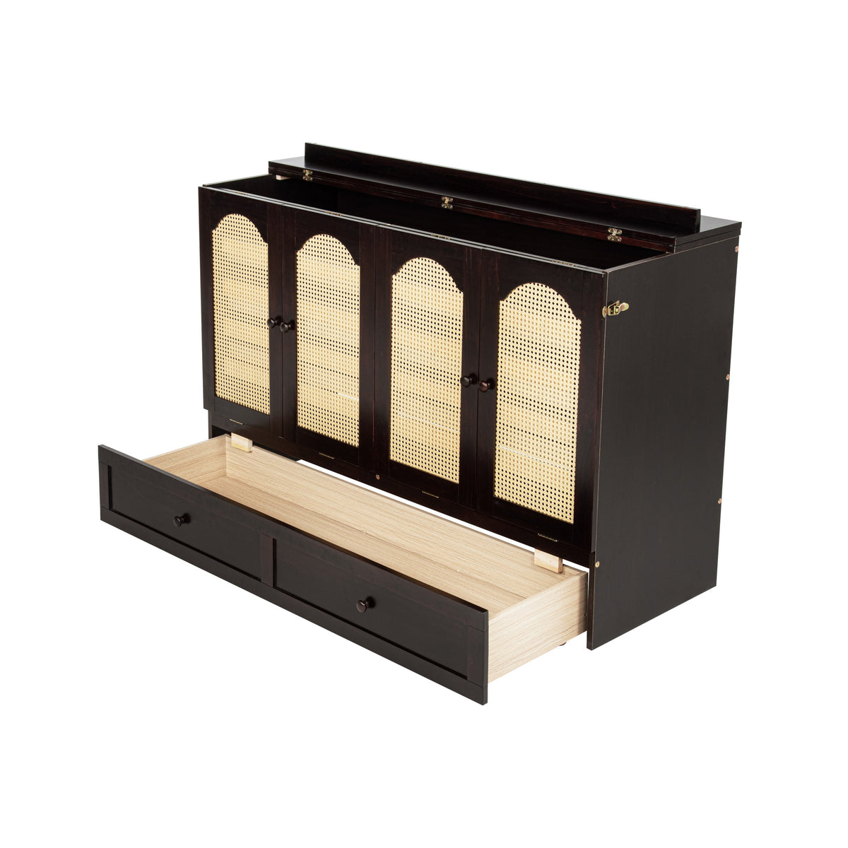 Queen Size Murphy Bed, Pine Wood with Power Station and Rattan Decoration Panel - Espresso