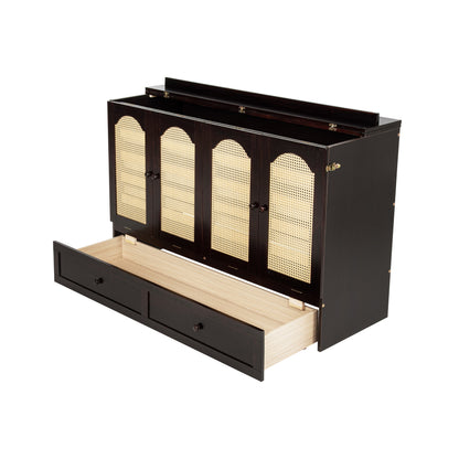 Queen Size Murphy Bed, Pine Wood with Power Station and Rattan Decoration Panel - Espresso