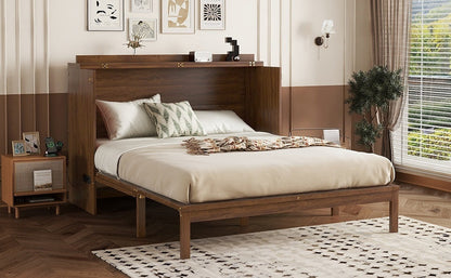 Queen Size Murphy Bed, Pine Wood with Power Station and Rattan Decoration Panel - Walnut