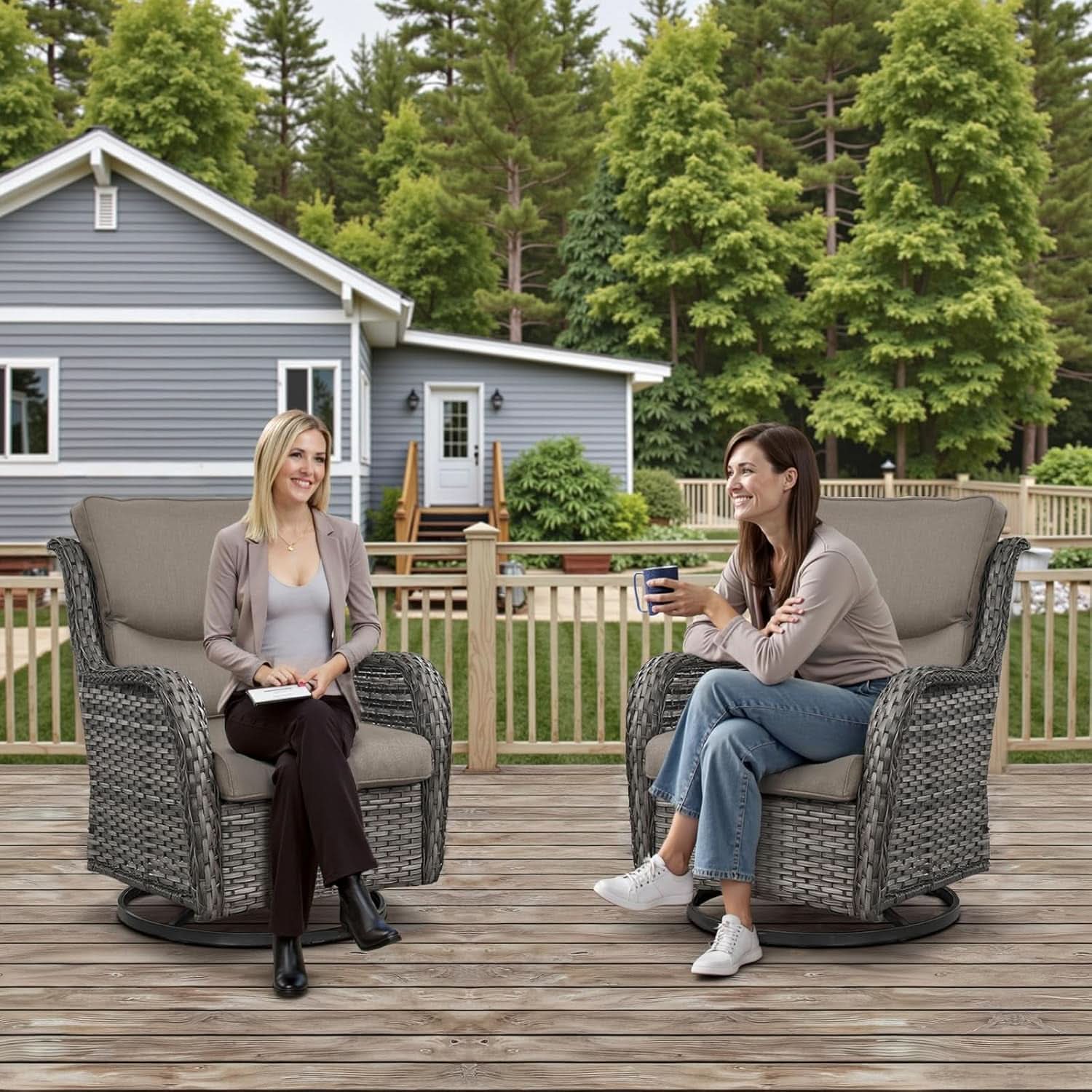 8-Piece Outdoor Wicker Lounge Set with Swivel Chairs, Ottomans, Tables - Gray