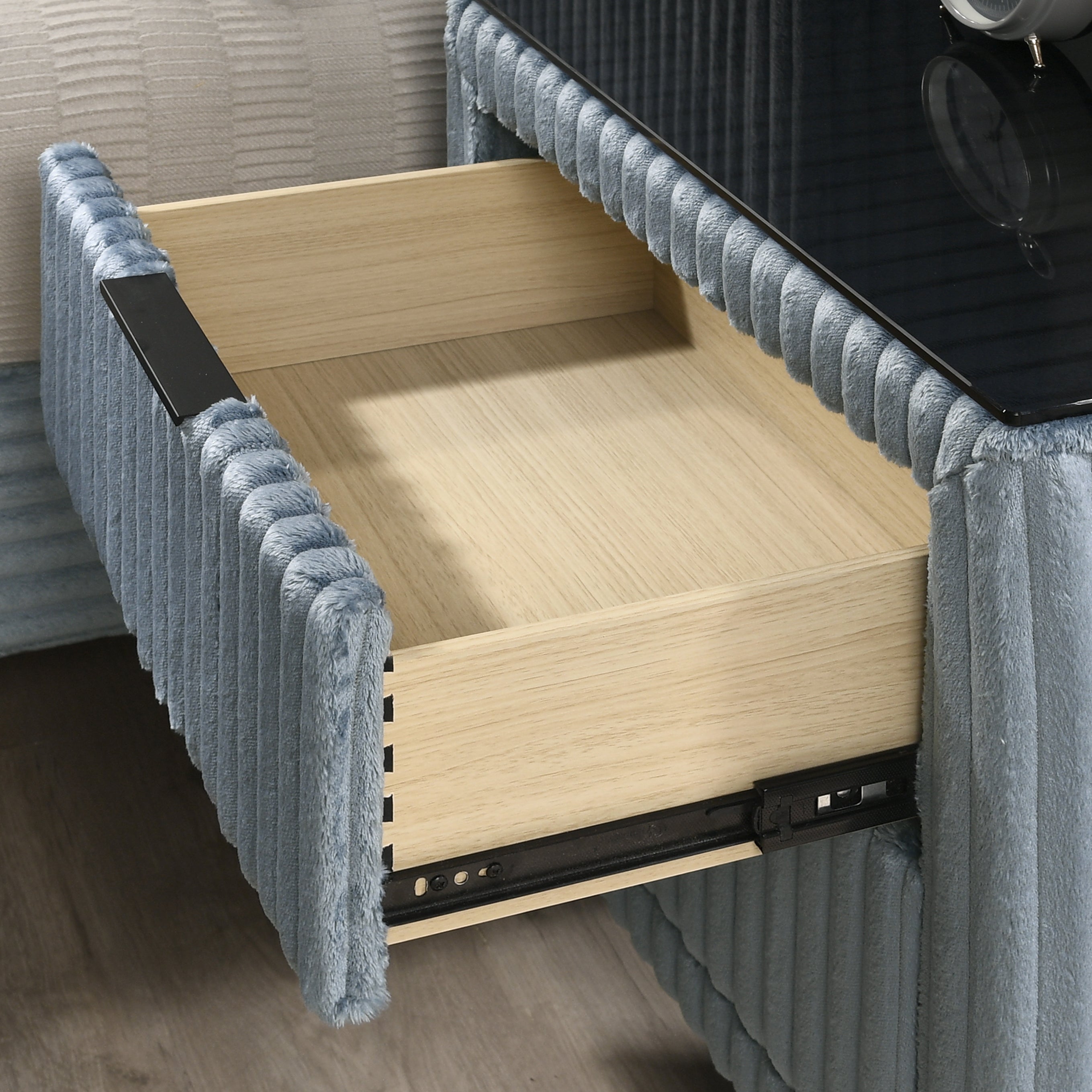 Mavela Wide Wale Corduroy Upholstery Panel Queen Bed with 2 Nightstands, Blue
