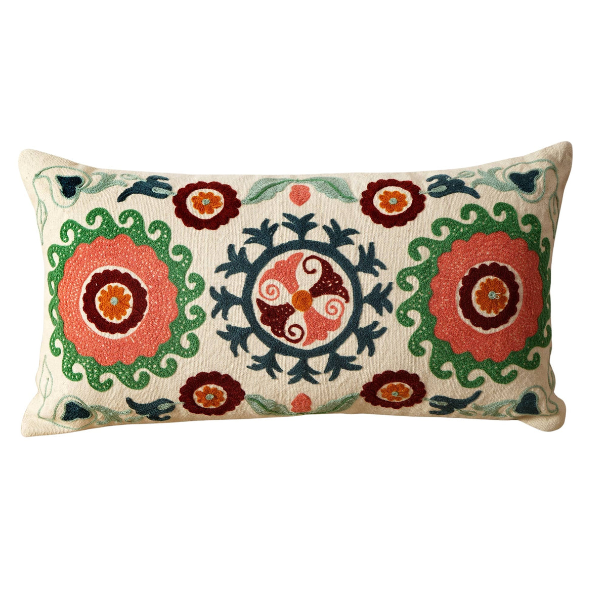 Suzani Embroidered Multicolor Lumbar Throw Pillow - 26" X 14"