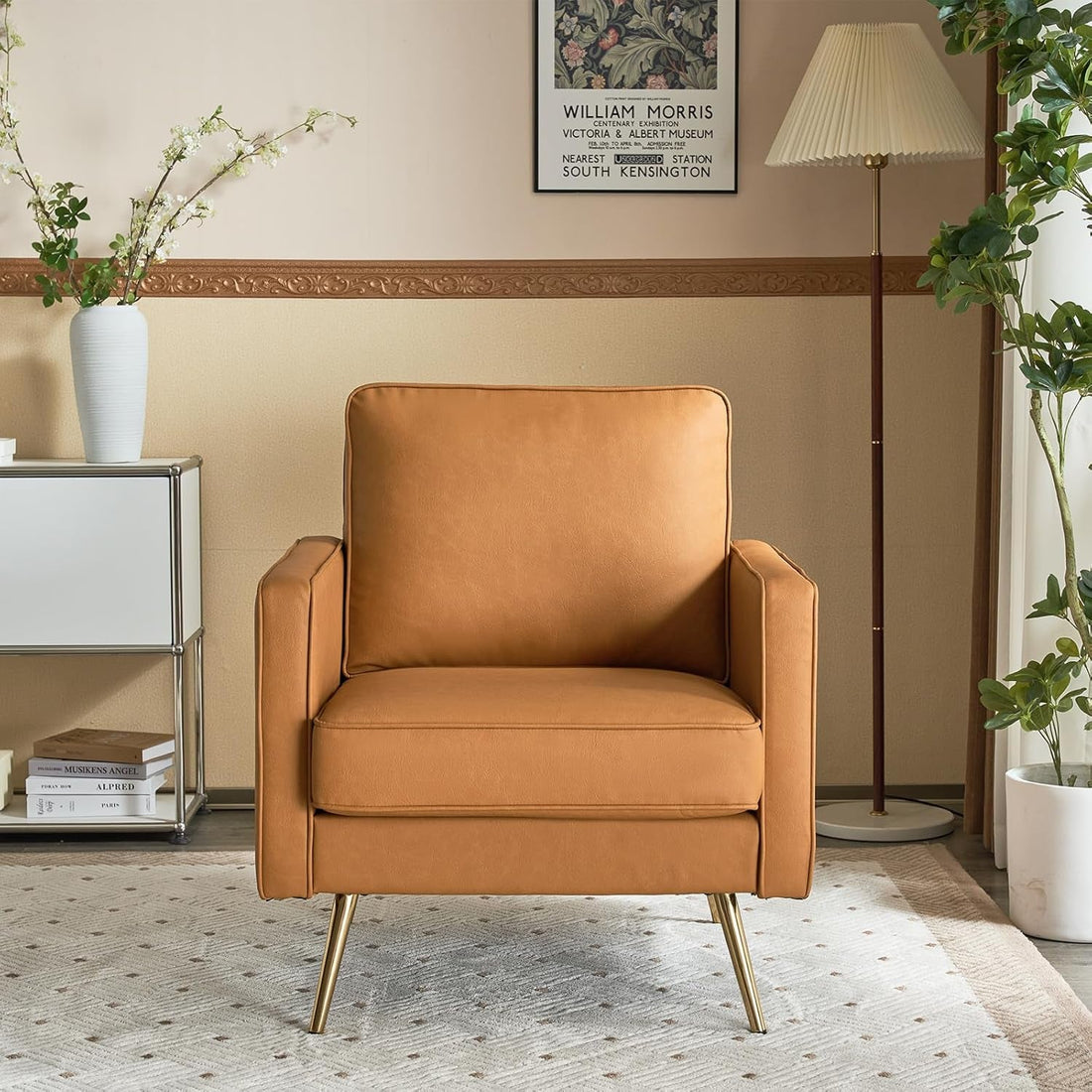 Brown PU Leather Accent Chairs With Gold Legs - 2 pc Set