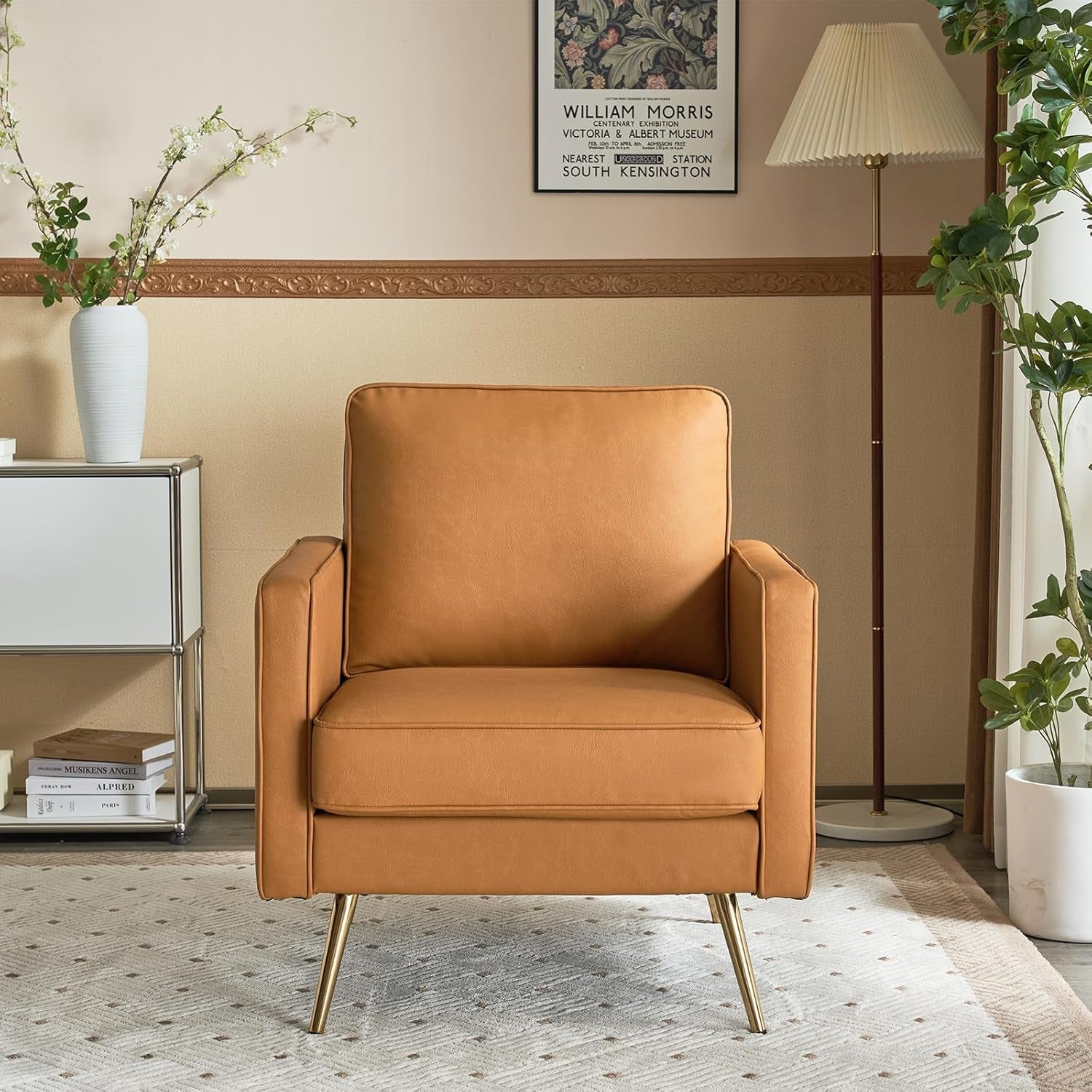 Brown PU Leather Accent Chairs With Gold Legs - 2 pc Set