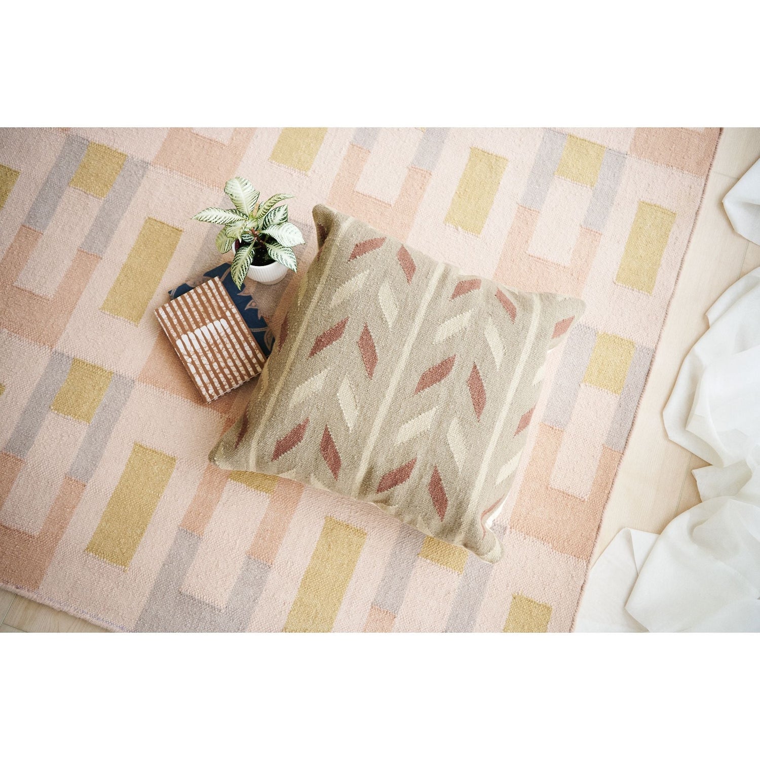 Ero Green Brown Geometric Pattern Hand-woven Jute Cotton Large Pillow