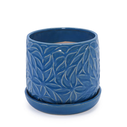 Set of 2 Embossed Ceramic Flowerpots - Blue