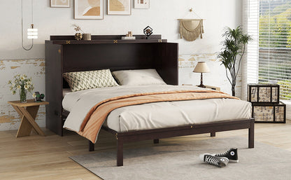 Queen Size Murphy Bed, Pine Wood with Power Station and Rattan Decoration Panel - Espresso