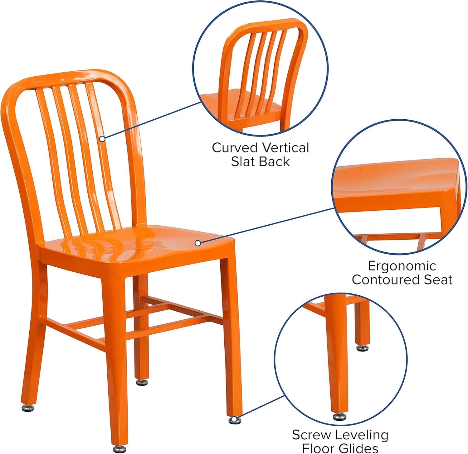 Set of 2 Commercial Grade Indoor/Outdoor Metal Dining Chairs- Orange