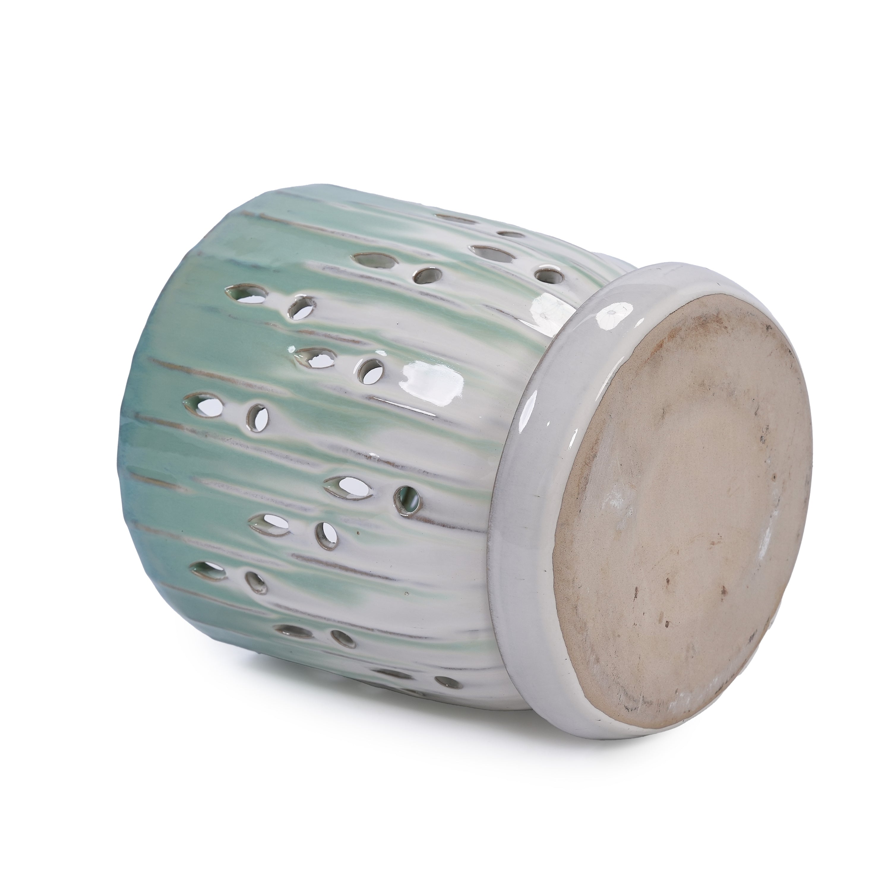 Set of 2 Ceramic Flowerpots - White/Aqua