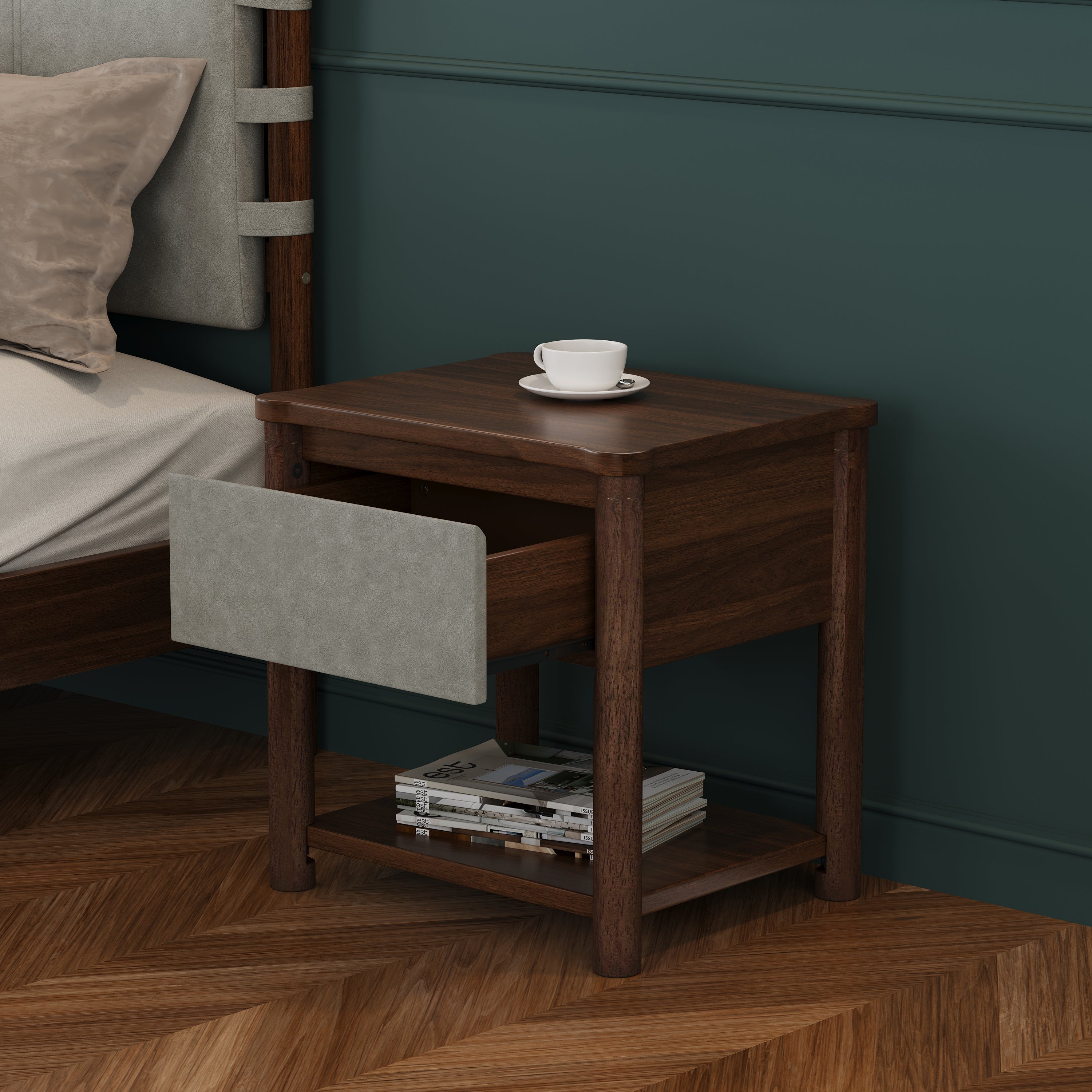 Modern King Bed Frame Set with 2 Nightstands - Gray/Walnut