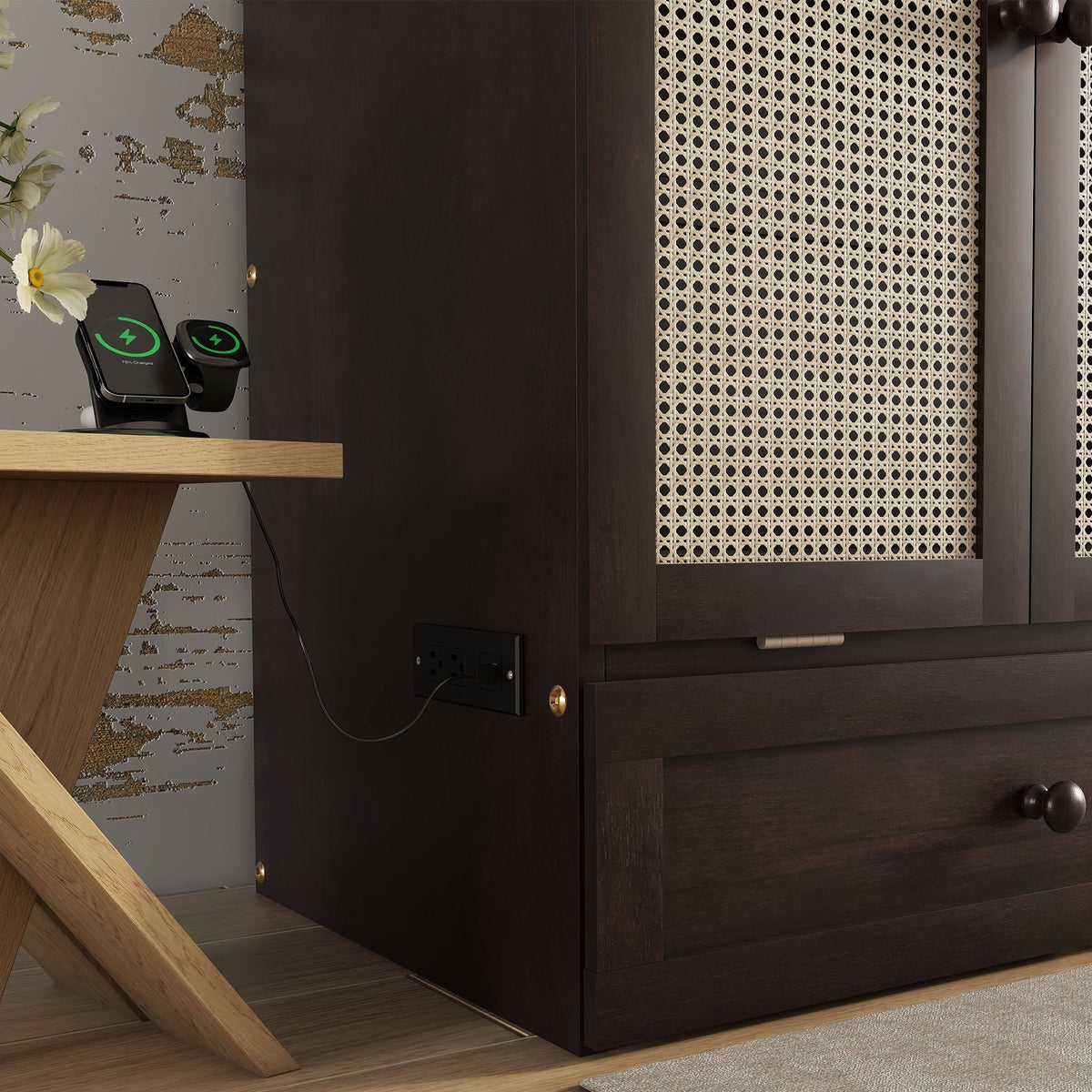 Queen Size Murphy Bed, Pine Wood with Power Station and Rattan Decoration Panel - Espresso