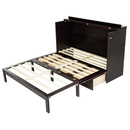 Queen Size Murphy Bed, Pine Wood with Power Station and Rattan Decoration Panel - Espresso