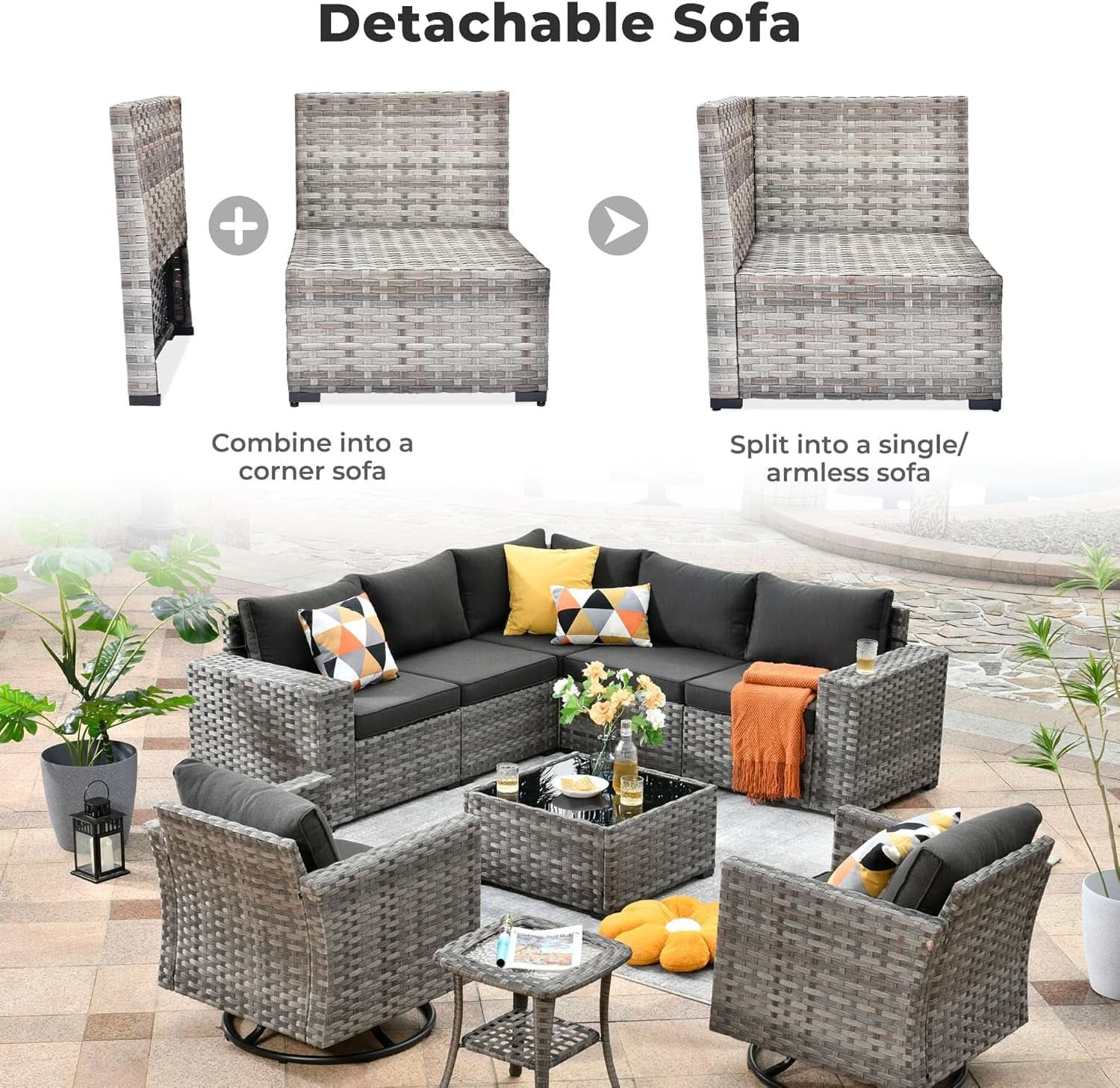 9 Piece Wicker Modular Sectional Patio Set - Gray/Black