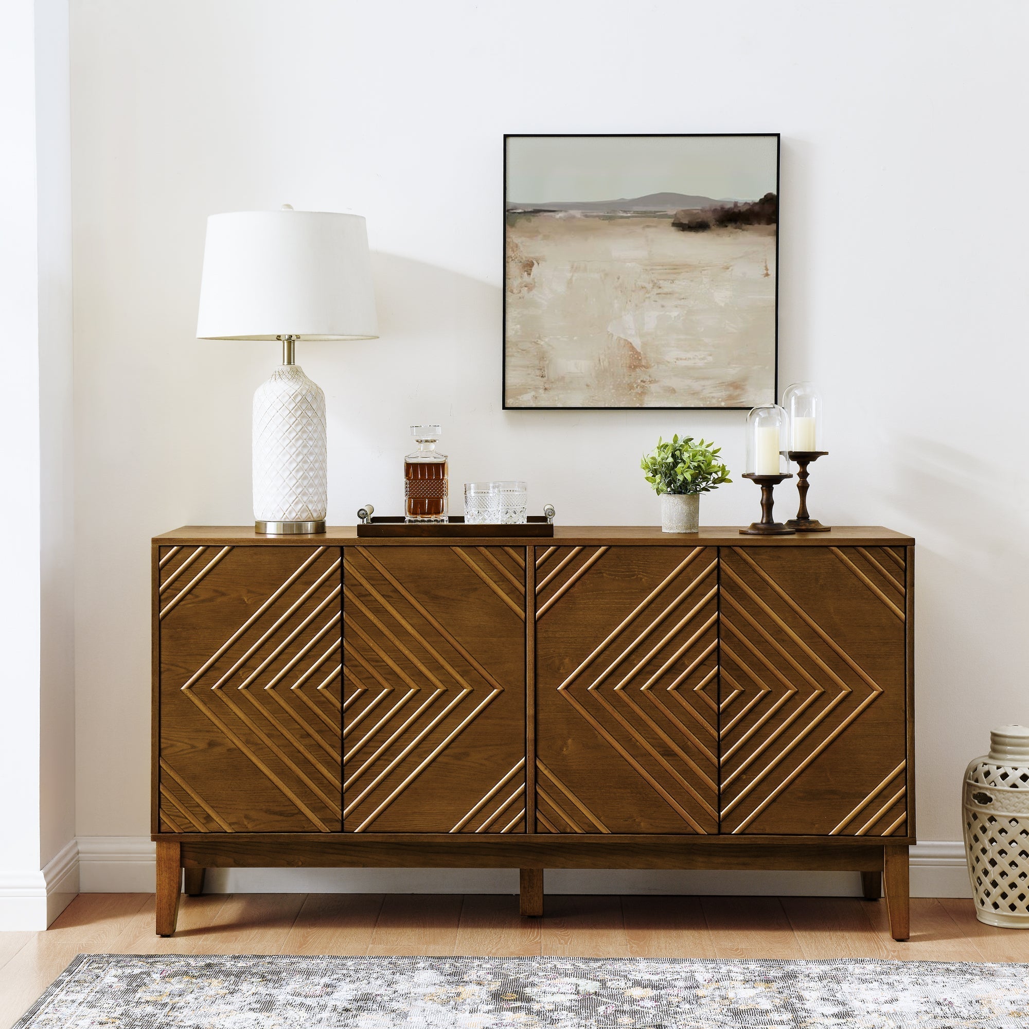 Diamond Fluted Sideboard Storage Cabinet with Adjustable Shelves