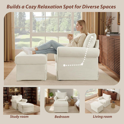 Beige Chenille Contemporary Chair &amp; Ottoman - 2 Pc Set