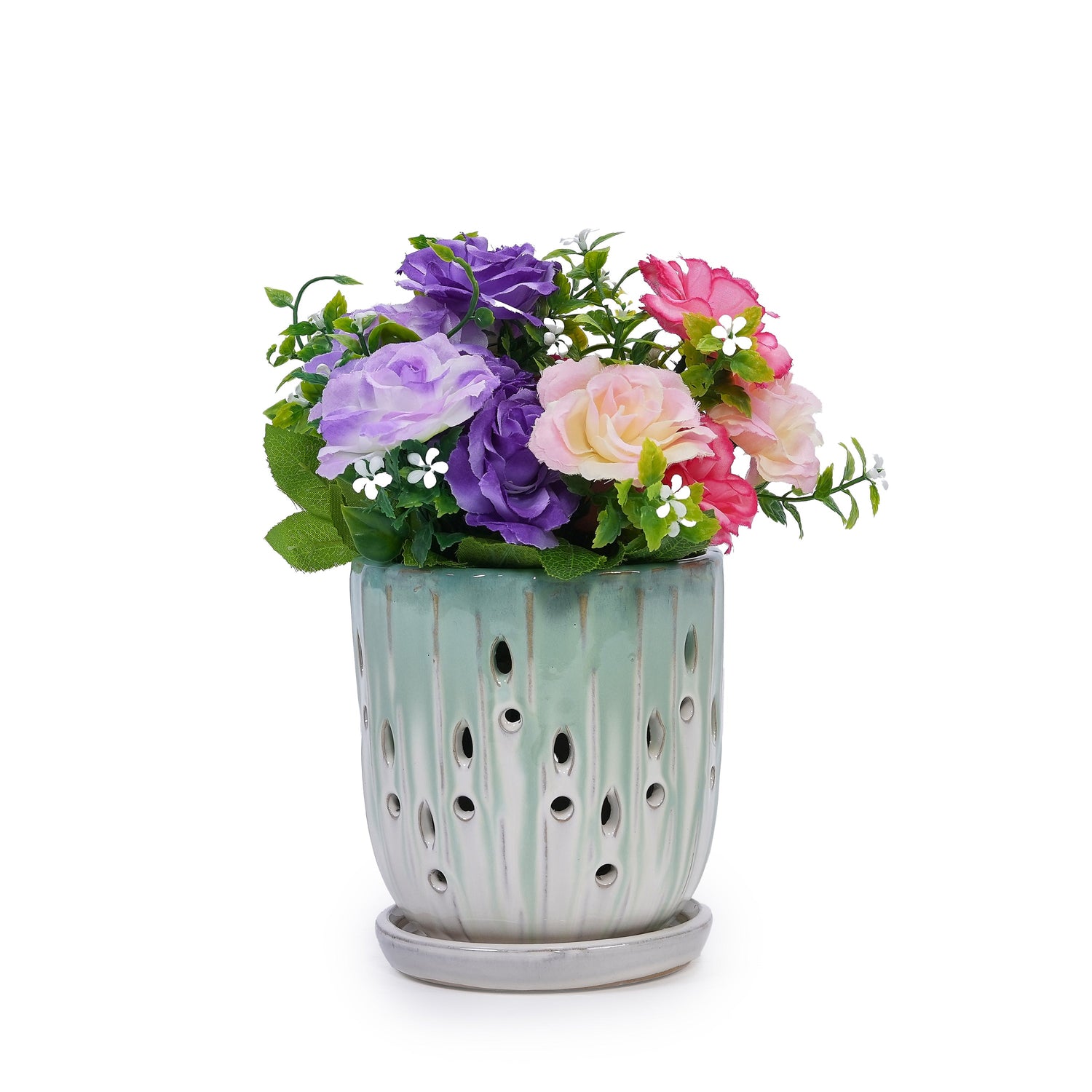 Set of 2 Ceramic Flowerpots - White/Aqua