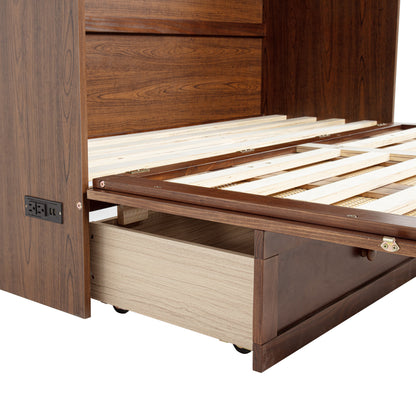 Queen Size Murphy Bed, Pine Wood with Power Station and Rattan Decoration Panel - Walnut