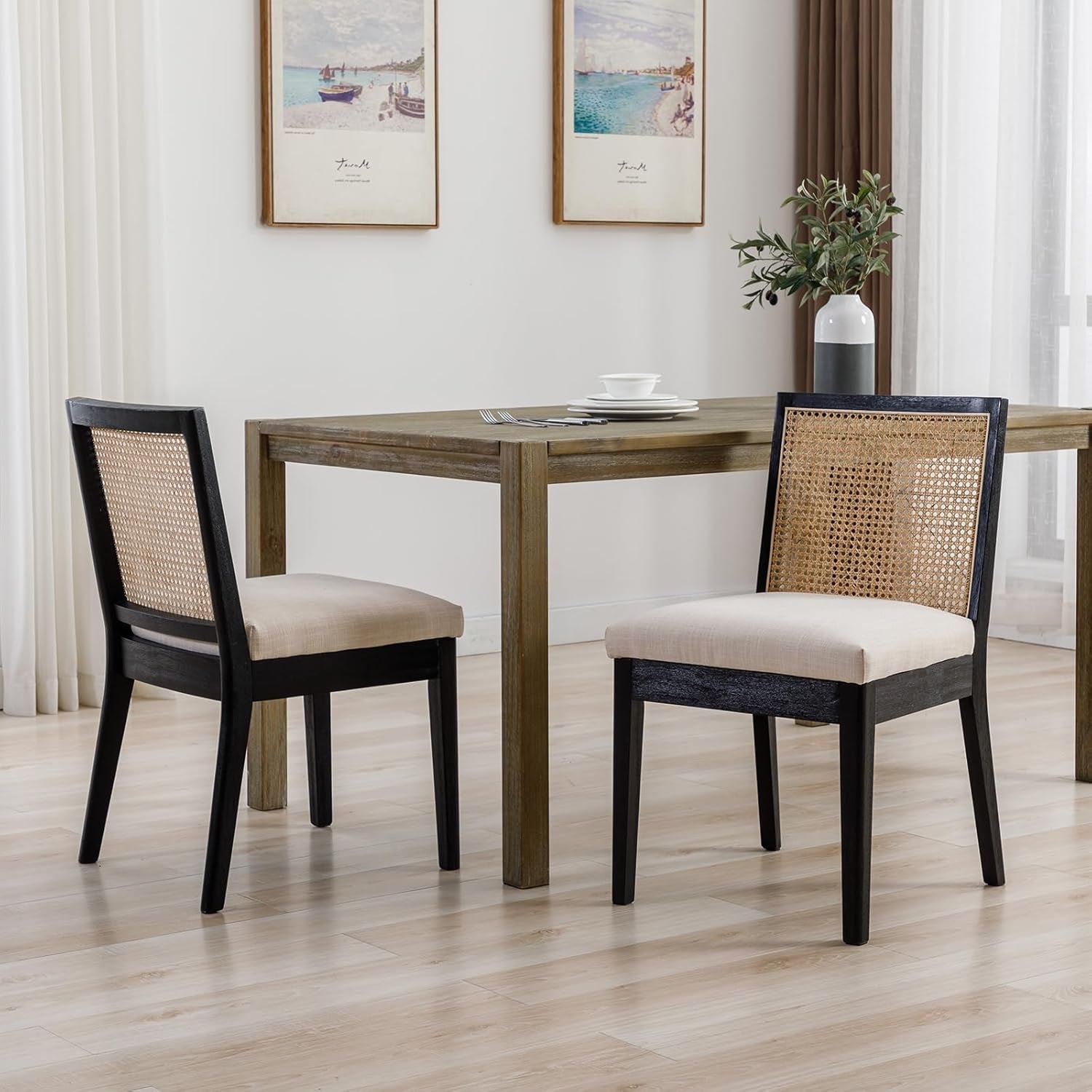 Black/Cream/Rattan Dining Chairs - Set of 6