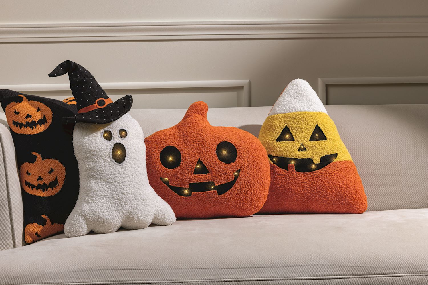Candy Corn LED Halloween Throw Pillow