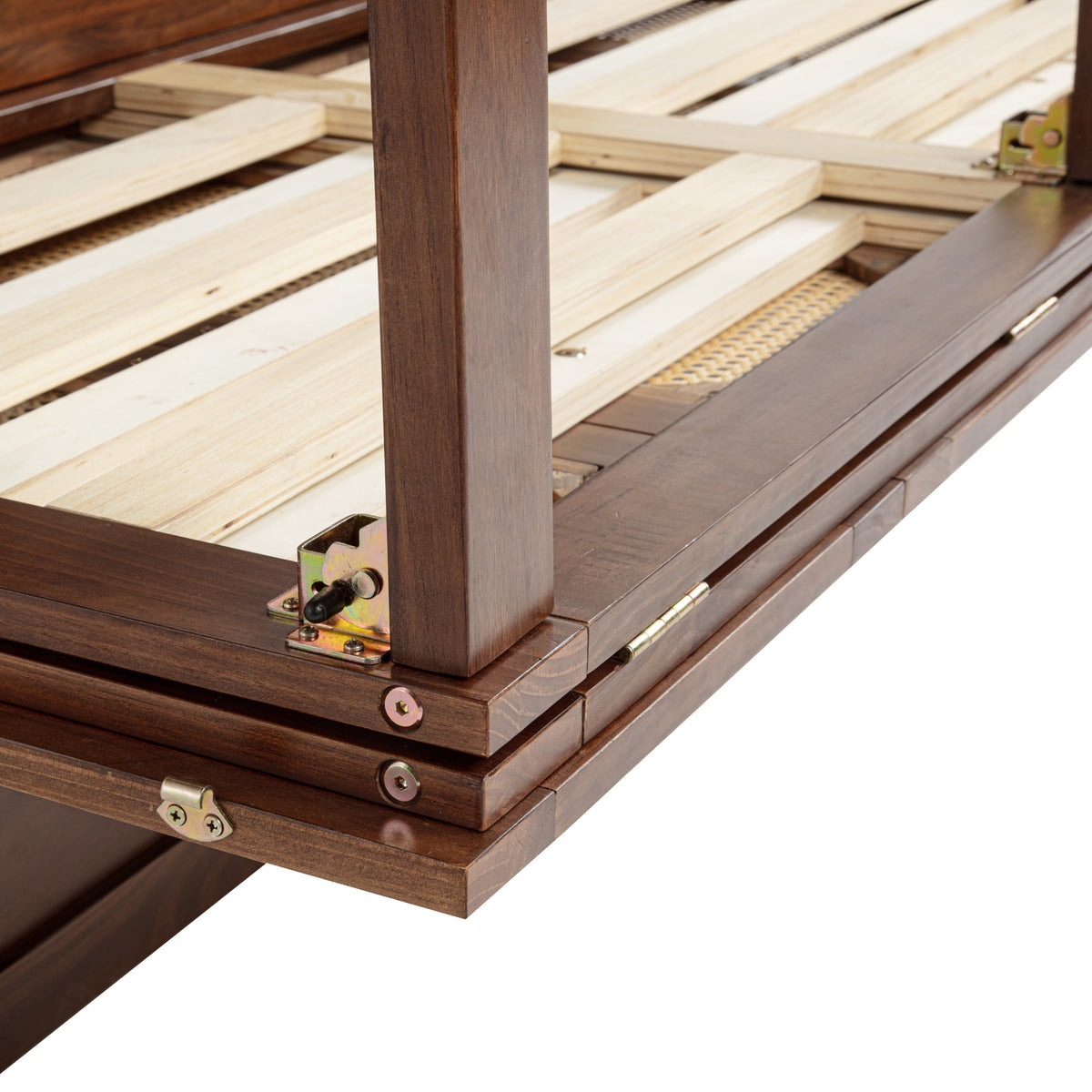 Queen Size Murphy Bed, Pine Wood with Power Station and Rattan Decoration Panel - Walnut