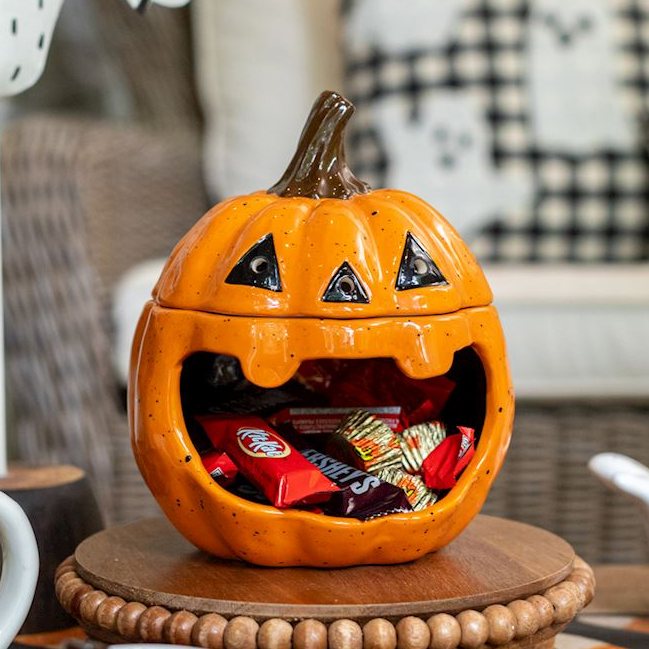 Orange Ceramic Jack-O’-Lantern Open Mouth Candy Container
