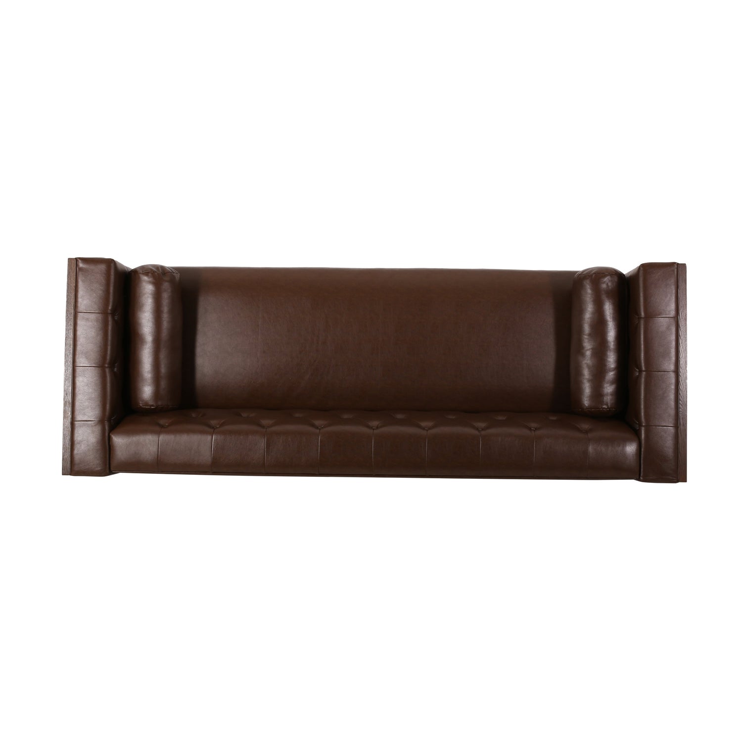Contemporary 3-Seater Sofa with Tufted Diamond Stitch and Rolled Accent Pillows in Dark Brown Faux Leather