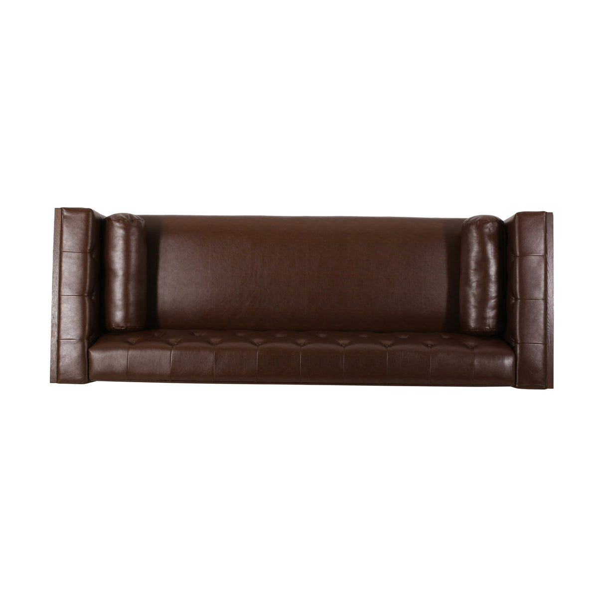 Contemporary 3-Seater Sofa with Tufted Diamond Stitch and Rolled Accent Pillows in Dark Brown Faux Leather