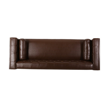 Contemporary 3-Seater Sofa with Tufted Diamond Stitch and Rolled Accent Pillows in Dark Brown Faux Leather