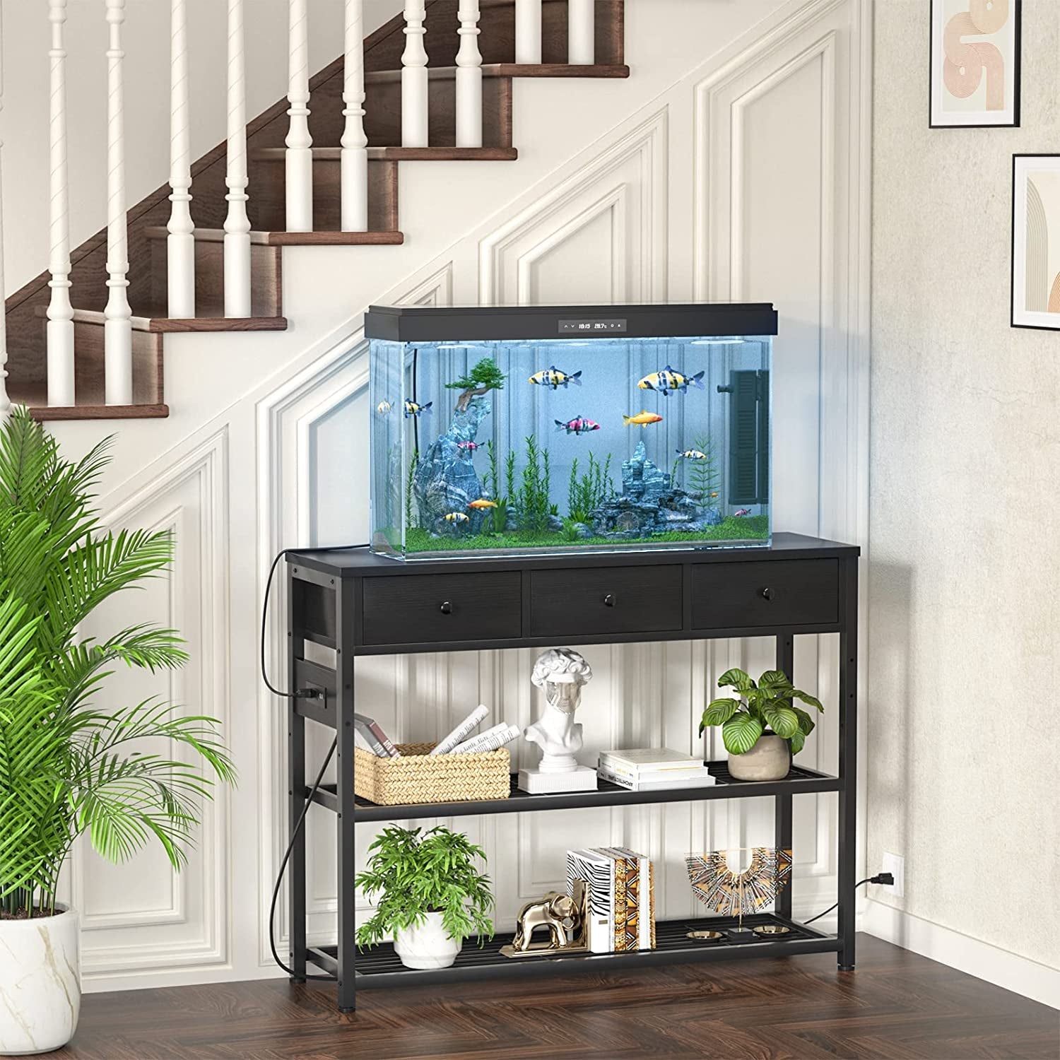 Black Console Table With USB Ports And Outlets