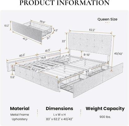 Upholstered Queen Platform Bed Frame Storage Drawers