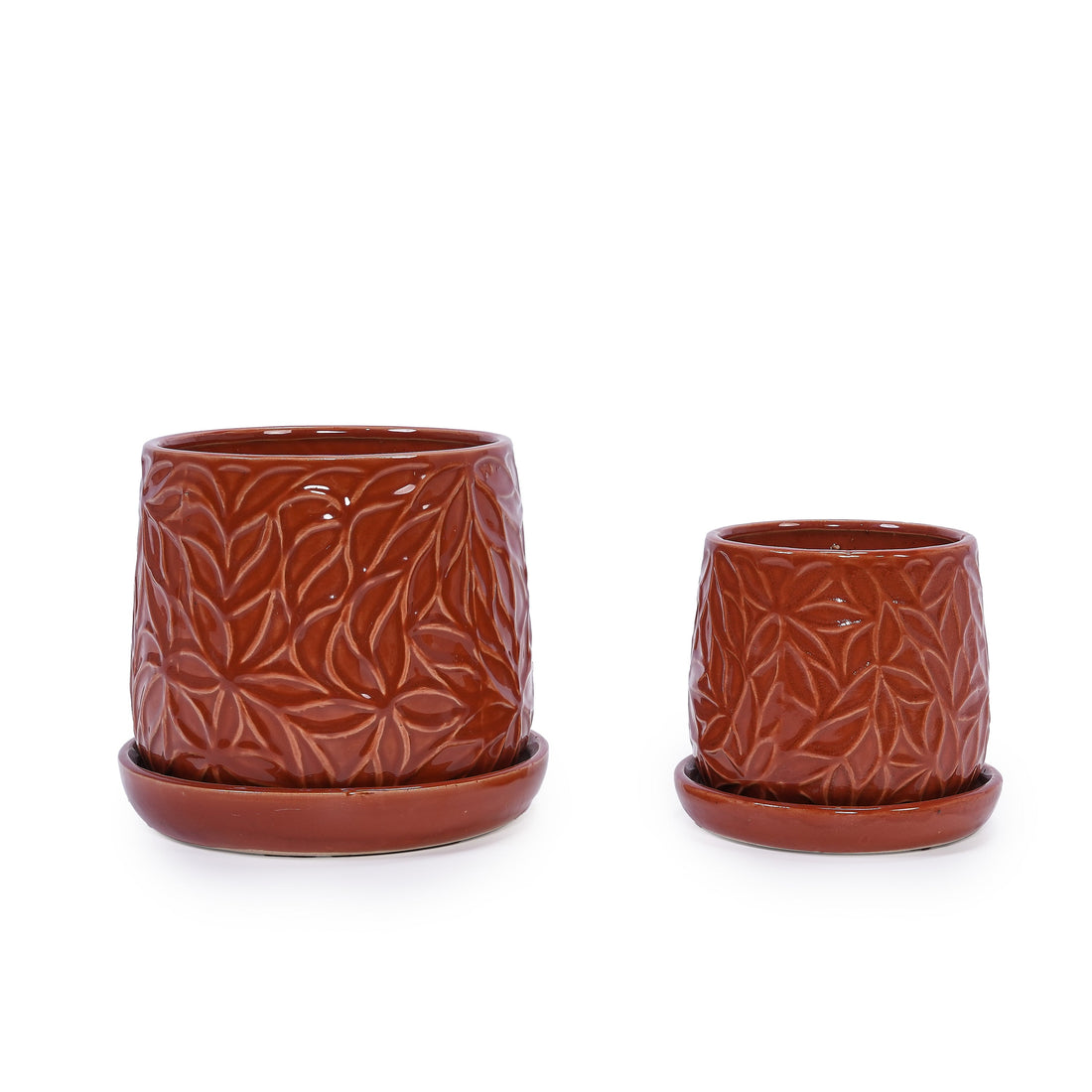 Set of 2 Embossed Ceramic Flowerpots - Red