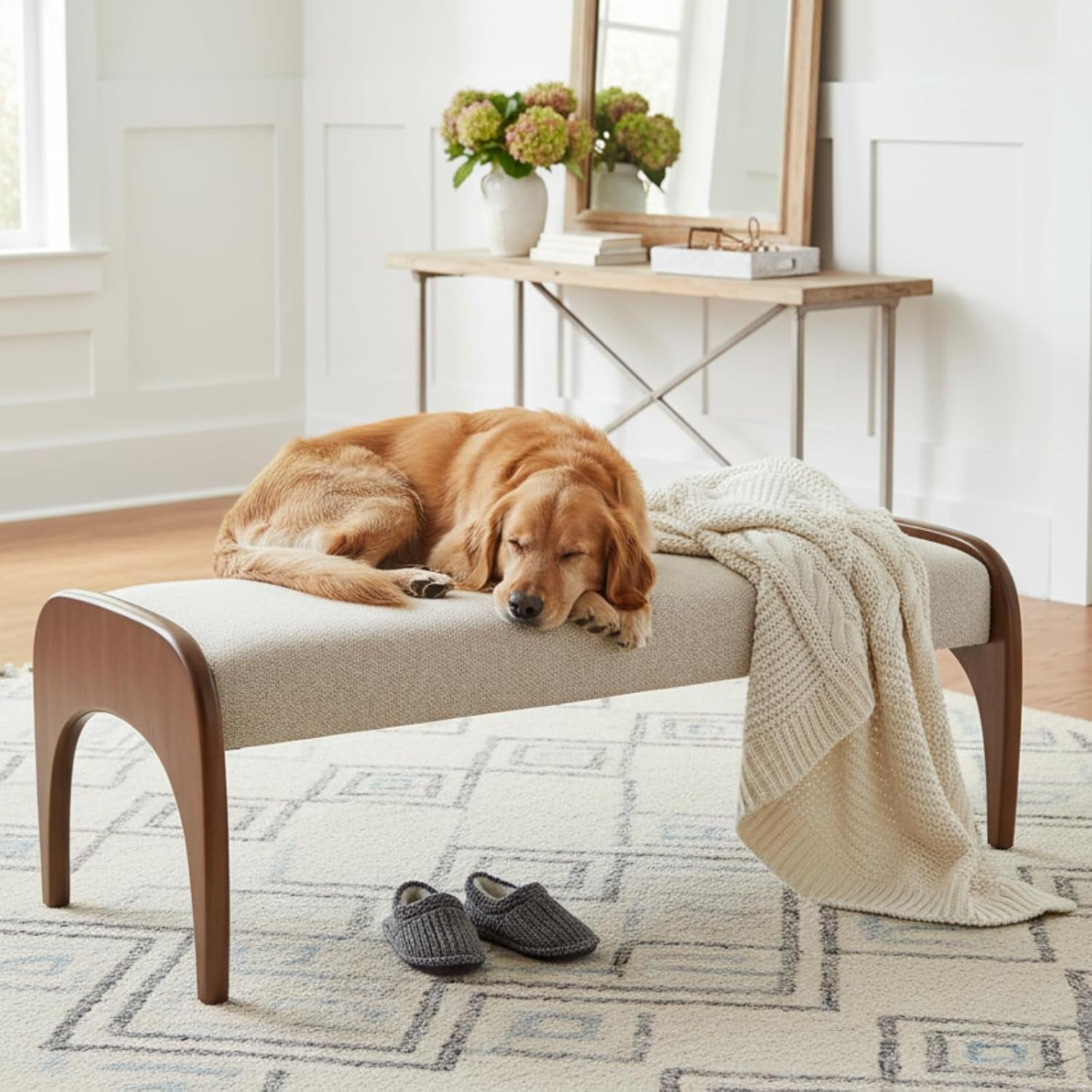 51-Inch Ottoman Bench With Beige Sherpa Upholstery