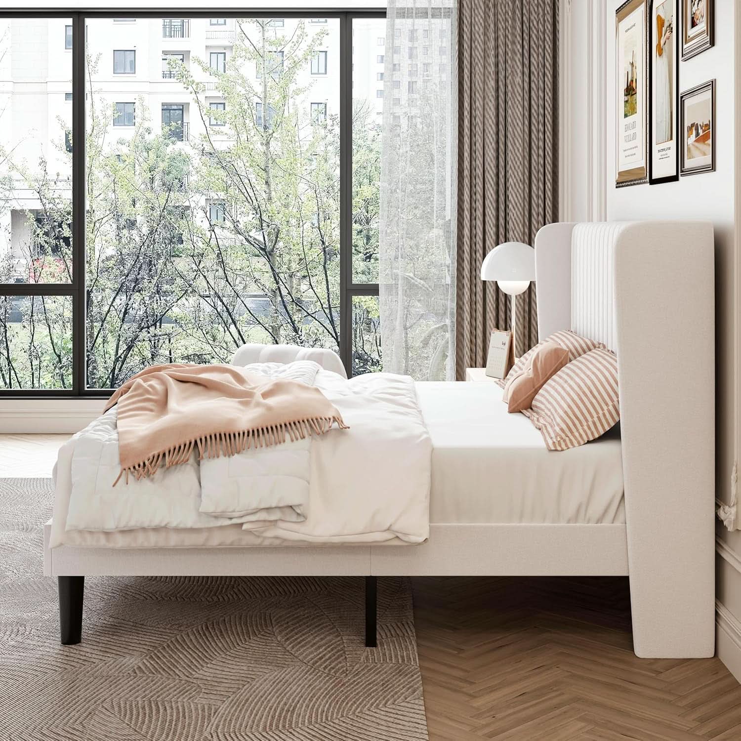 Upholstered Full Size Bed Frame With Wingback Headboard in White Velvet