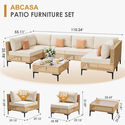 Large 7 Piece Wicker Outdoor Modular Sectional Set - Beige