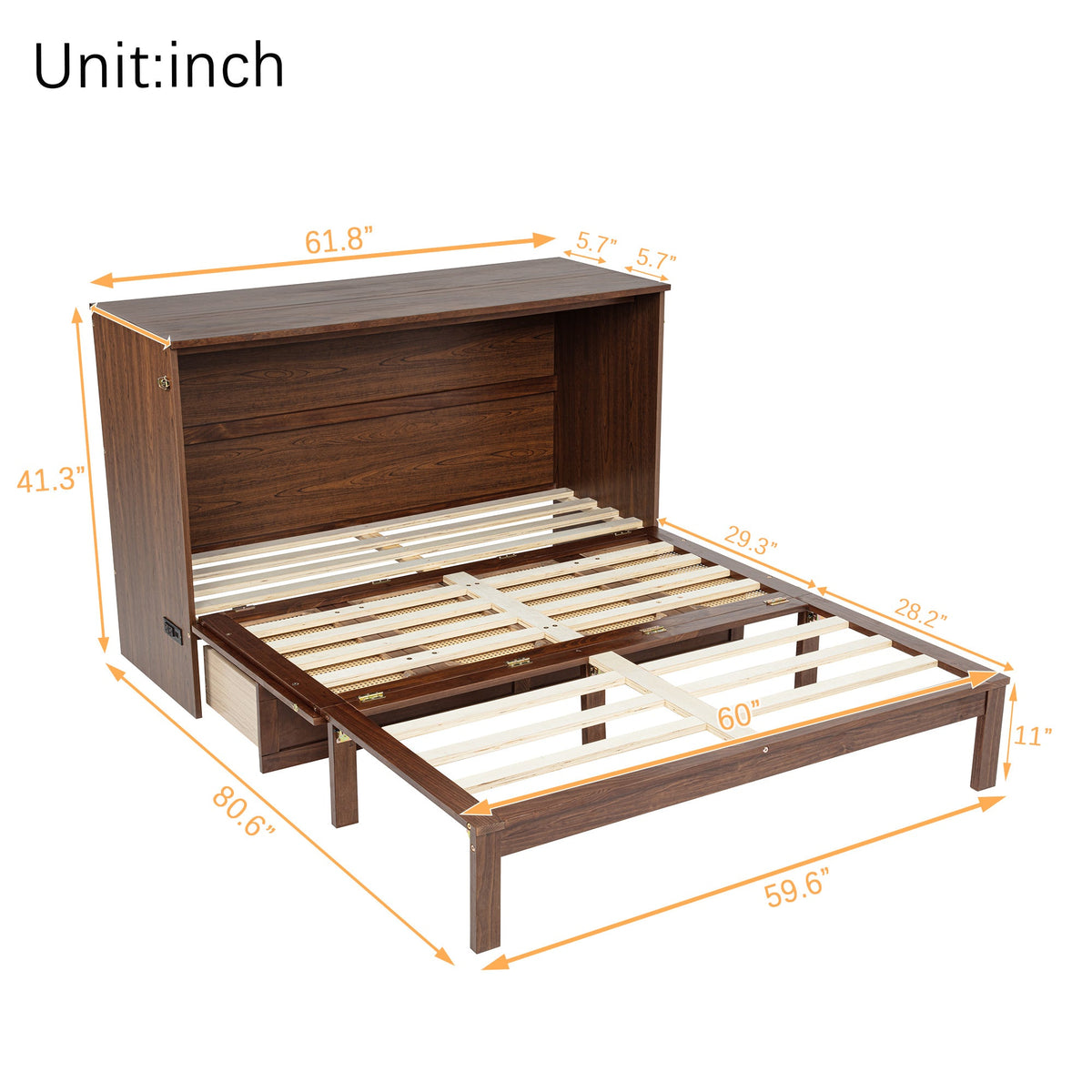 Queen Size Murphy Bed, Pine Wood with Power Station and Rattan Decoration Panel - Walnut