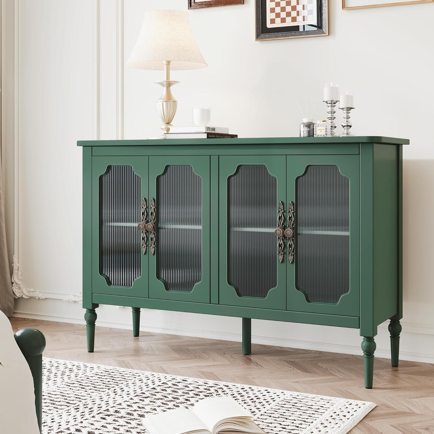 Vintage Sideboard With Glass Doors in Emerald Green