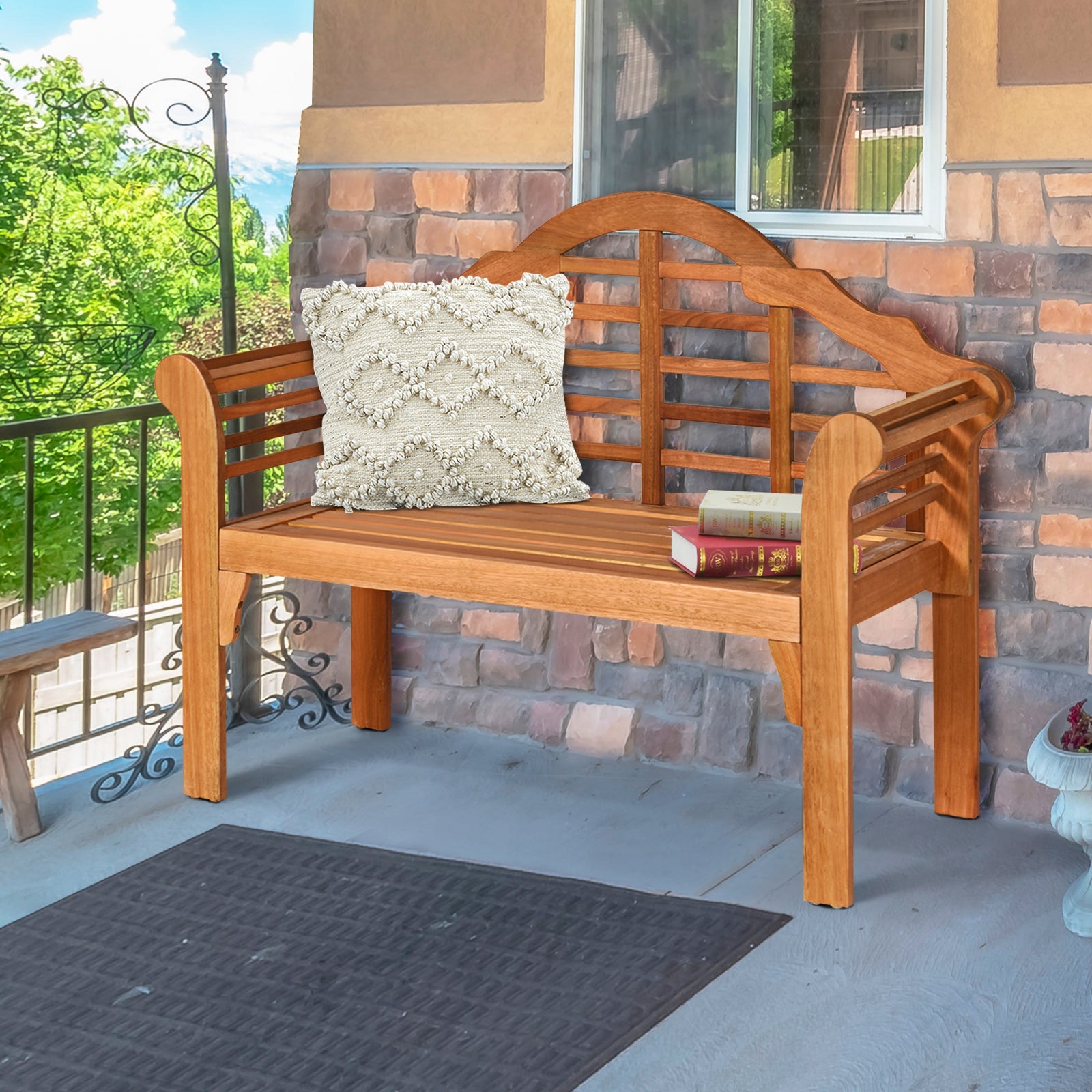 49 Inch Eucalyptus Wood Outdoor Folding Bench with Backrest and Armrests