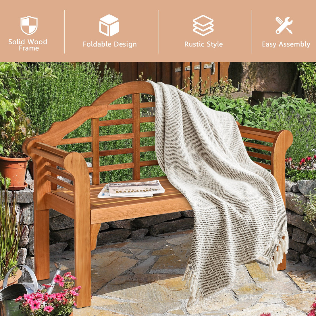 49 Inch Eucalyptus Wood Outdoor Folding Bench with Backrest and Armrests