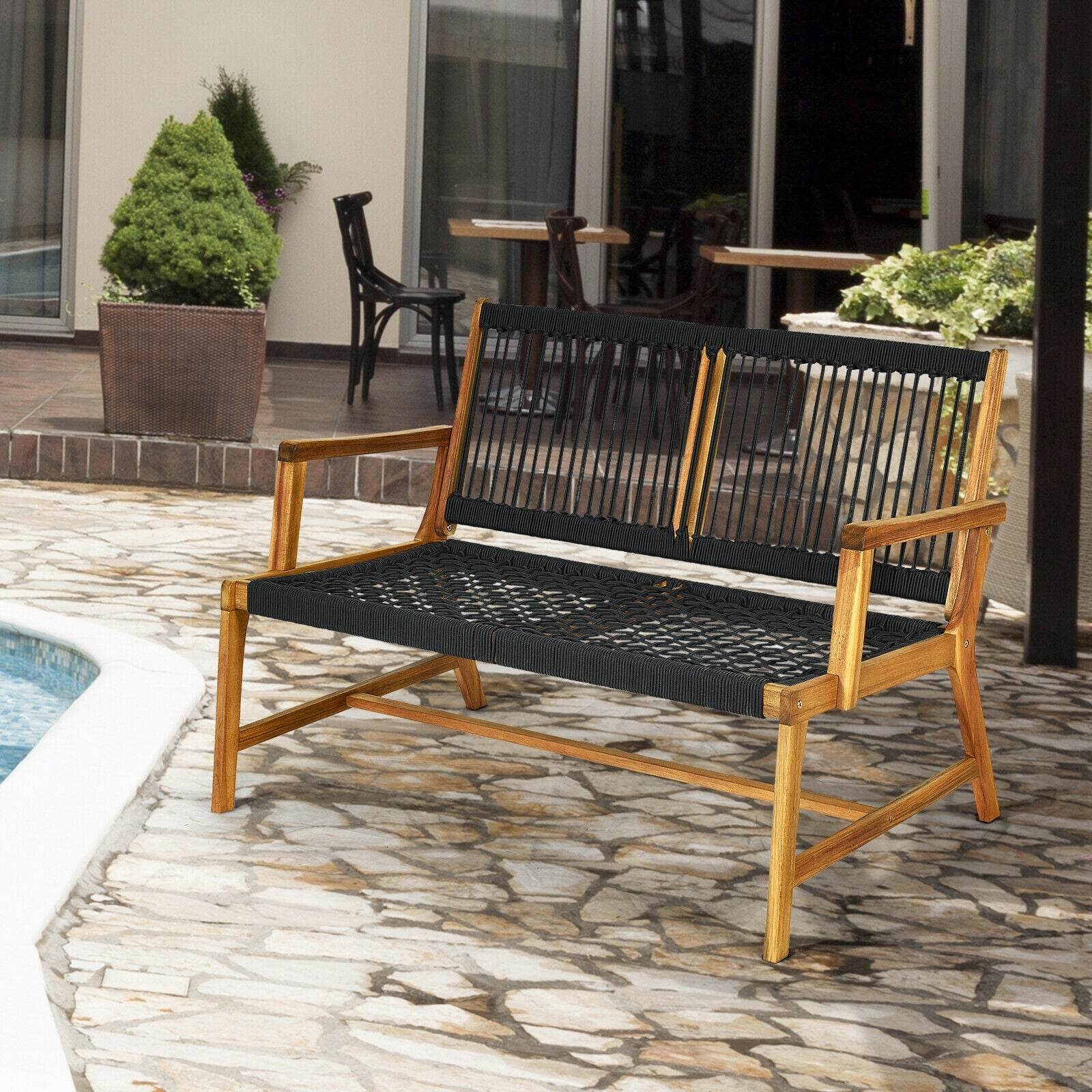 2-Person Acacia Wood Yard Bench for Balcony and Patio - Black
