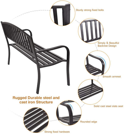 50 Inch Steel Garden Bench - Black