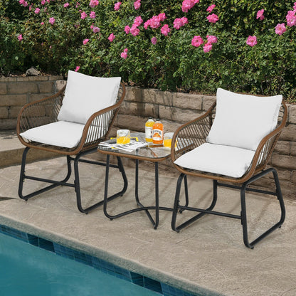 3 Pc Rattan Bistro Set with White Cushions