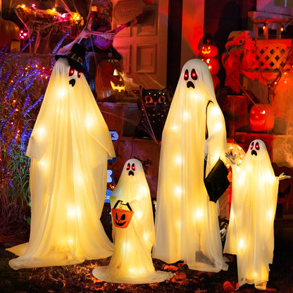4 Piece LED Ghost Family with Red and Warm White Lights