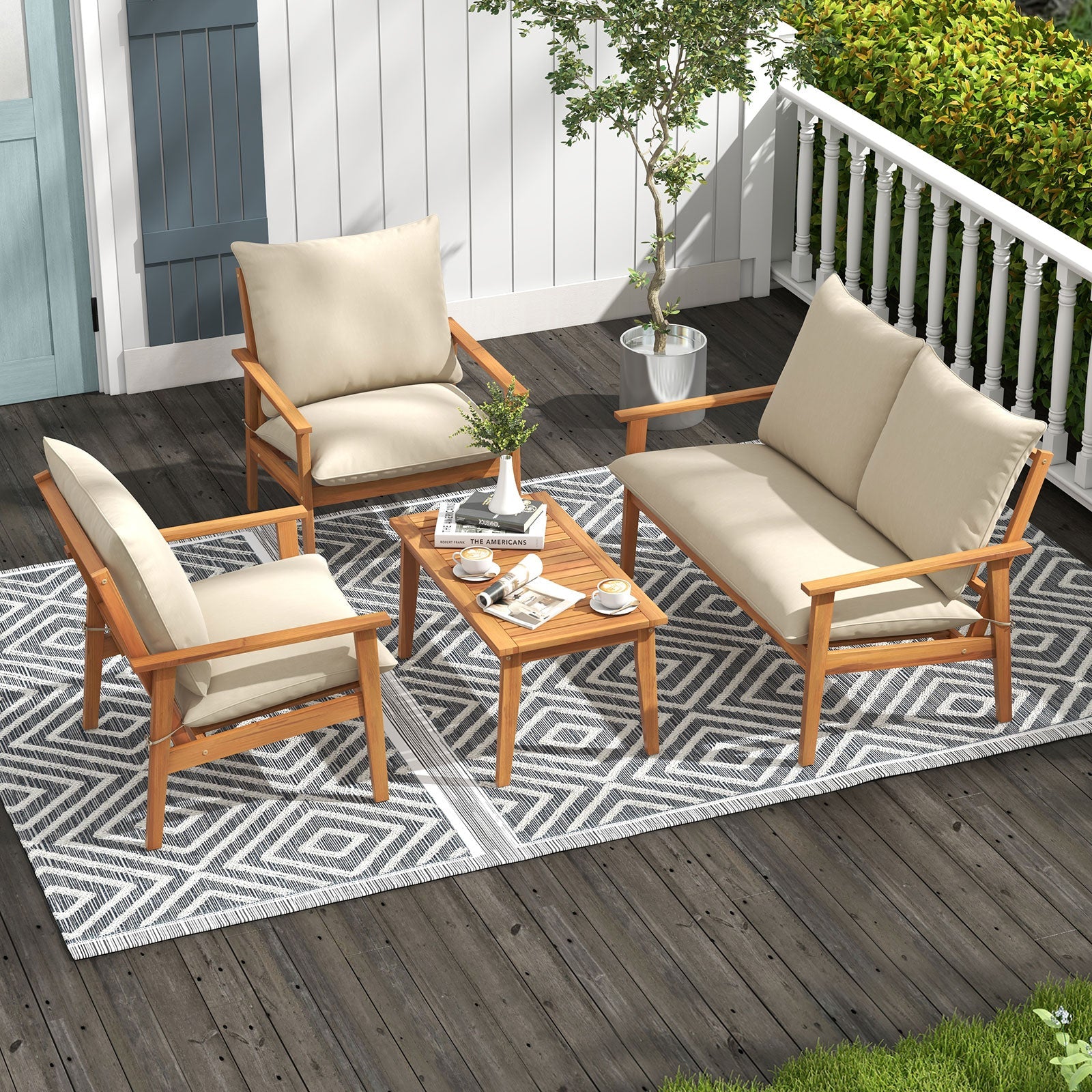 4 Piece Outdoor Acacia Wood Conversation Set with Soft Cushions and Coffee Table