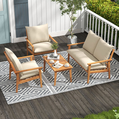 4 Piece Outdoor Acacia Wood Conversation Set with Soft Cushions and Coffee Table
