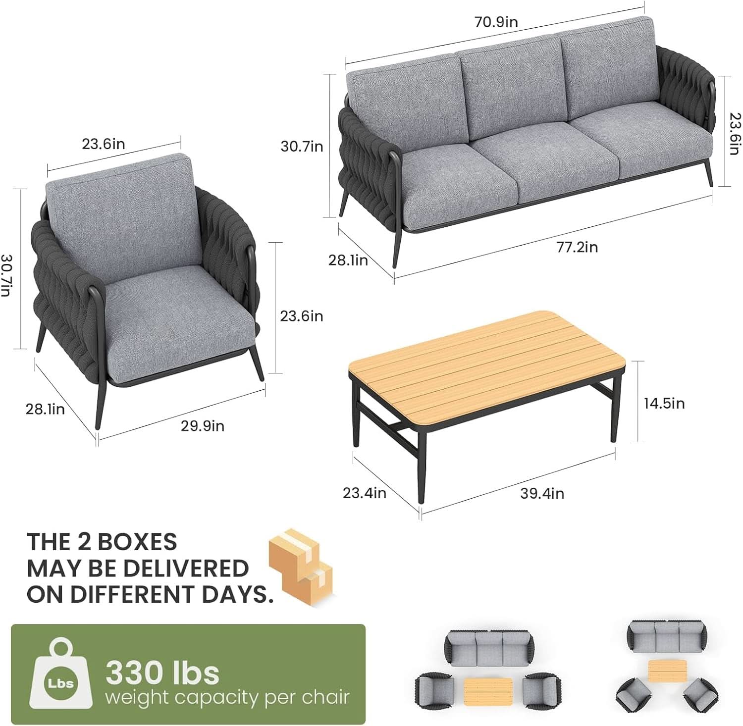 Modern Outdoor Patio Furniture Set with Waterproof Cushions - Black/Gray