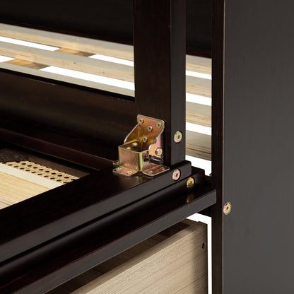 Queen Size Murphy Bed, Pine Wood with Power Station and Rattan Decoration Panel - Espresso