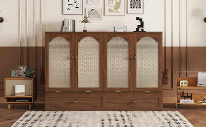 Queen Size Murphy Bed, Pine Wood with Power Station and Rattan Decoration Panel - Walnut