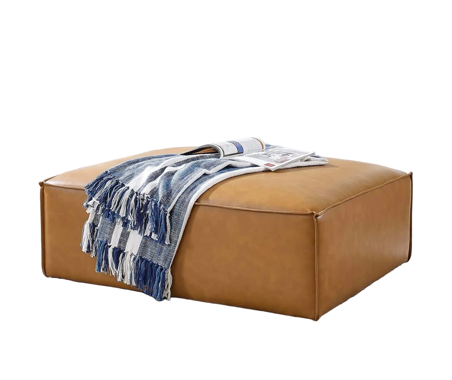 Tan Vegan Leather Contemporary Sectional Sofa Ottoman