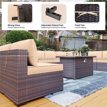 13 Piece Outdoor Patio Furniture Set with Fire Pit - Sand