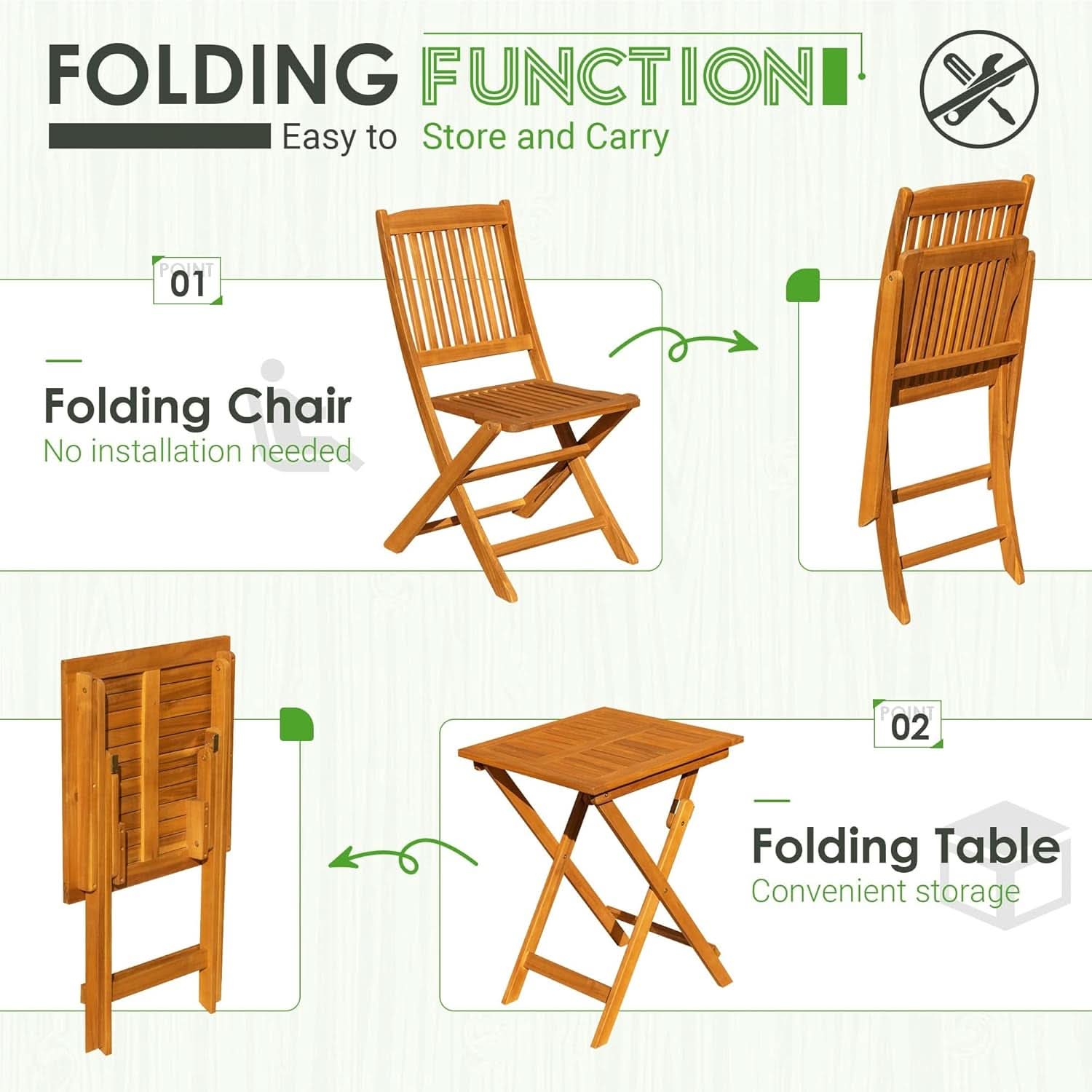 3 Piece Outdoor Folding Bistro Set With Cushions -  Acacia Wood